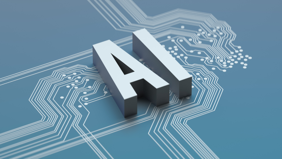 Letras IA sobre circuito digital