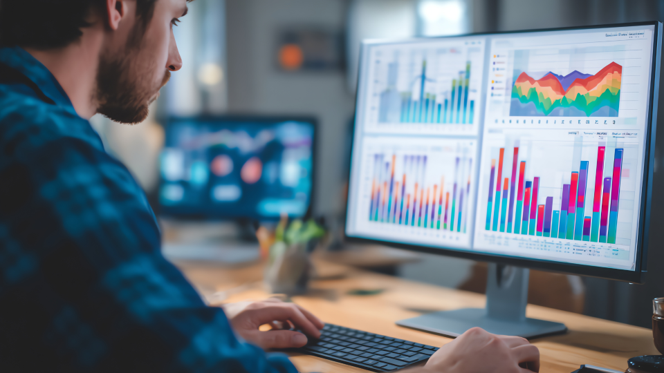 Profissional analisando dashboards em monitor